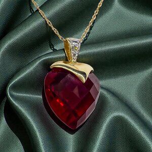 10k Yellow Gold Ruby Diamond Necklace 16" BIG 13mm Heart Briolette Red Ruby 3.3g
